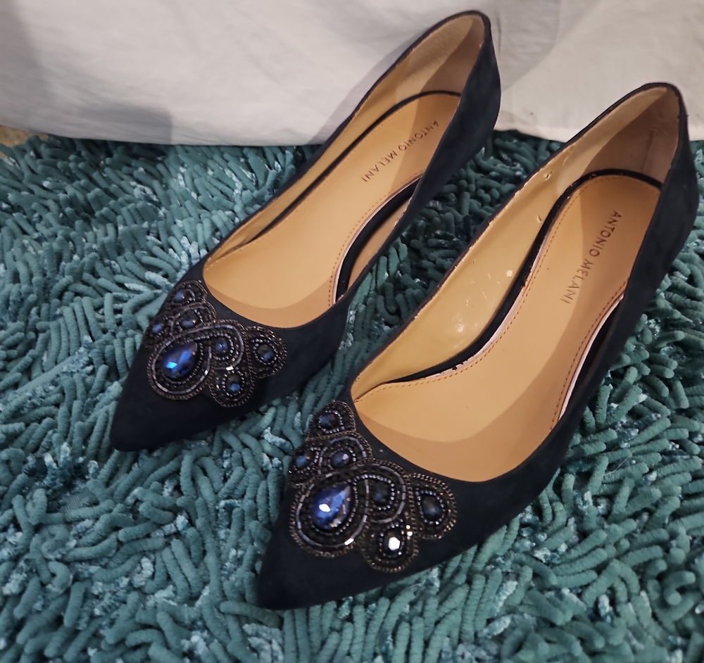 ANTONIO MELANI Navy Beaded Pointed Toe Flats - Size 9